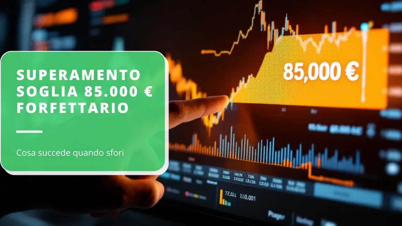 Superamento soglia 85.000 € forfettario: cosa succede quando sfori il limite? Grafico finanziario con indicatore di superamento.