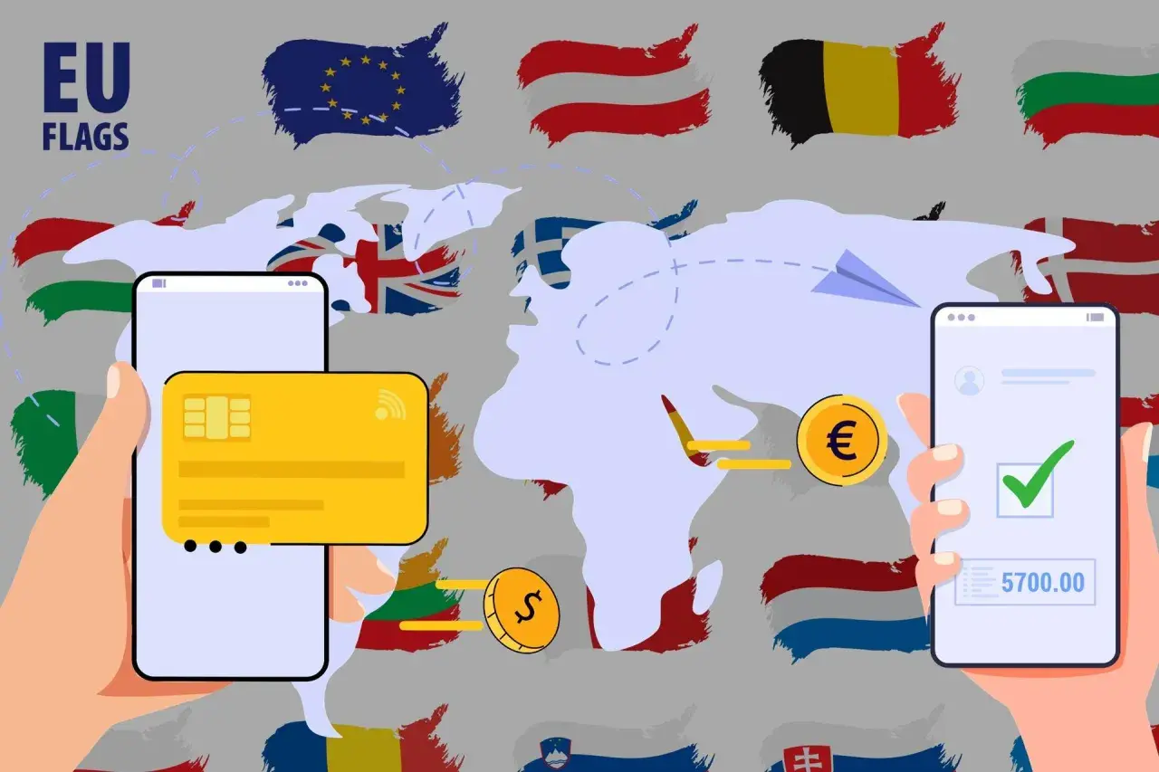 Mani che usano smartphone per bonifici internazionali. Bandiere UE e mappa del mondo suggeriscono transazioni europee, forse con bper problemi bonifici.