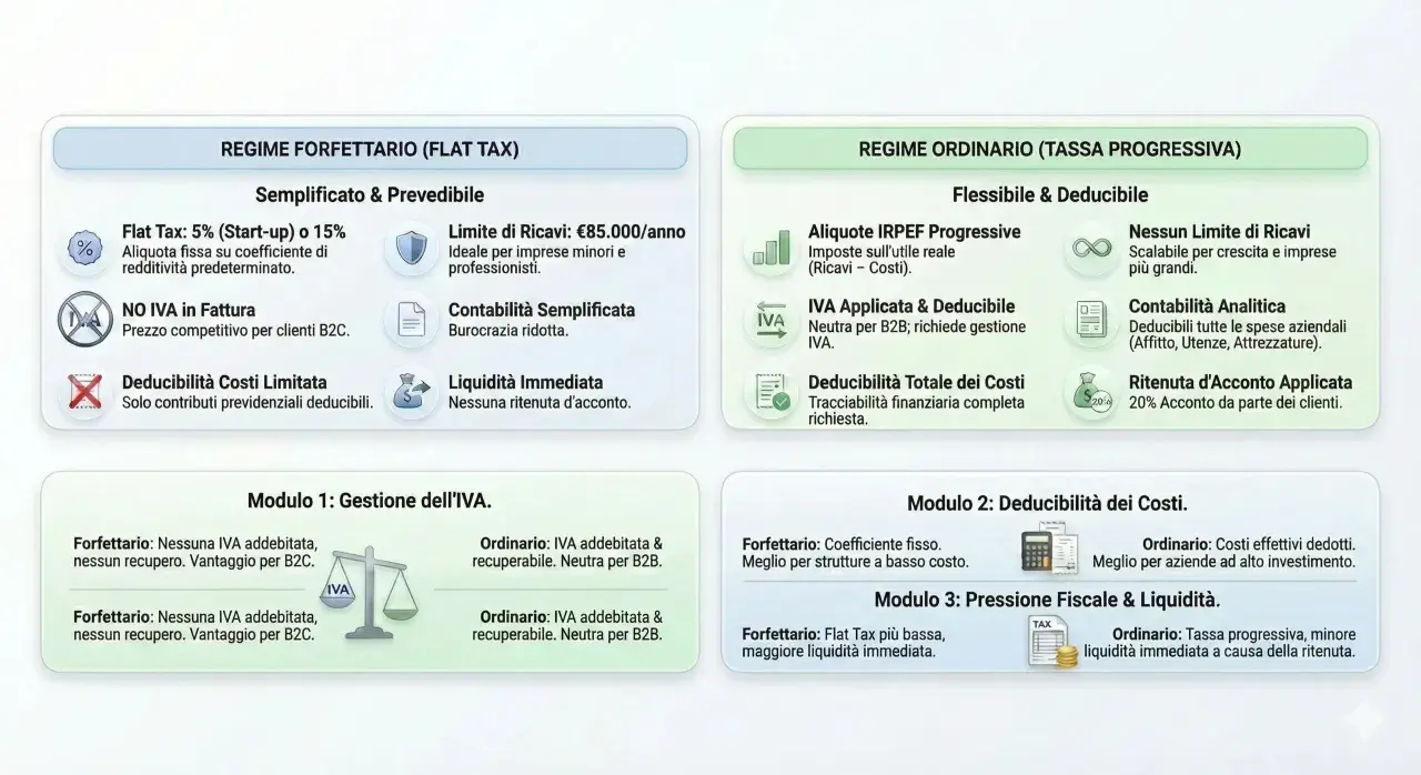 Confronto regimi fiscali: Forfettario (Flat Tax) vs Ordinario. Analisi IRPEF, IVA e deducibilità costi per partita IVA.