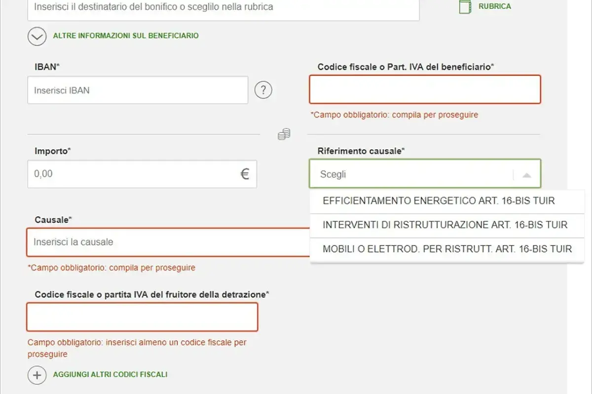 Compilazione di un bonifico parlante per detrazioni fiscali. Campi per IBAN, importo, causale e codice fiscale.