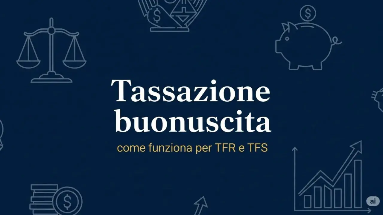 Tassazione buonuscita: come funziona per il TFR in banca. Icone di bilancia, salvadanaio, monete e grafico.