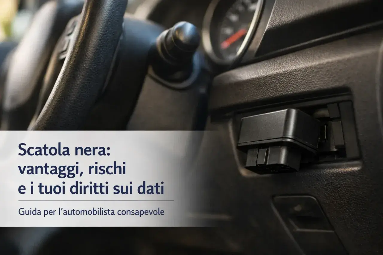 Dispositivo di **scatola nera assicurazione** collegato all'auto, con testo su vantaggi, rischi e diritti sui dati.