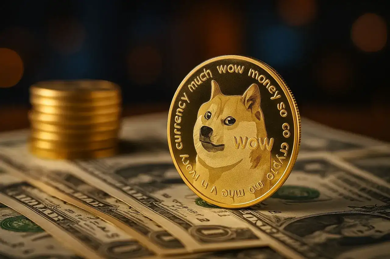 Moneta Doge coin dorata con cane sorridente, su banconote e pile di monete. "Wow, such currency, much money, so crypto!