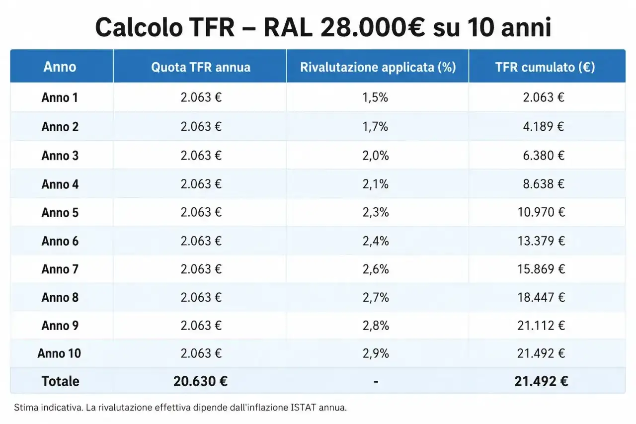 Tabella che illustra il calcolo del TFR su 10 anni con RAL 28.000€, mostrando la quota annua, la rivalutazione e il TFR cumulato.