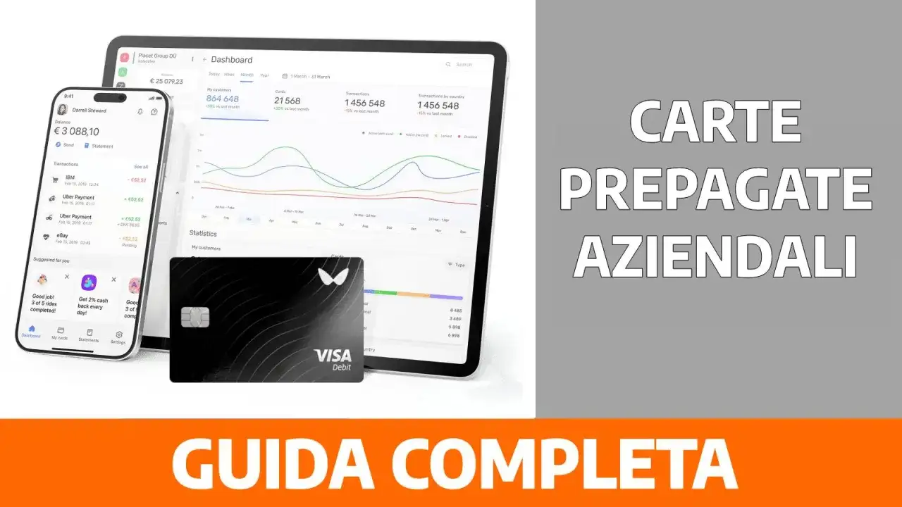 A black Visa debit card and a tablet displaying financial data and charts. Text reads "CARTE PREPAGATE AZIENDALI GUIDA COMPLETA".