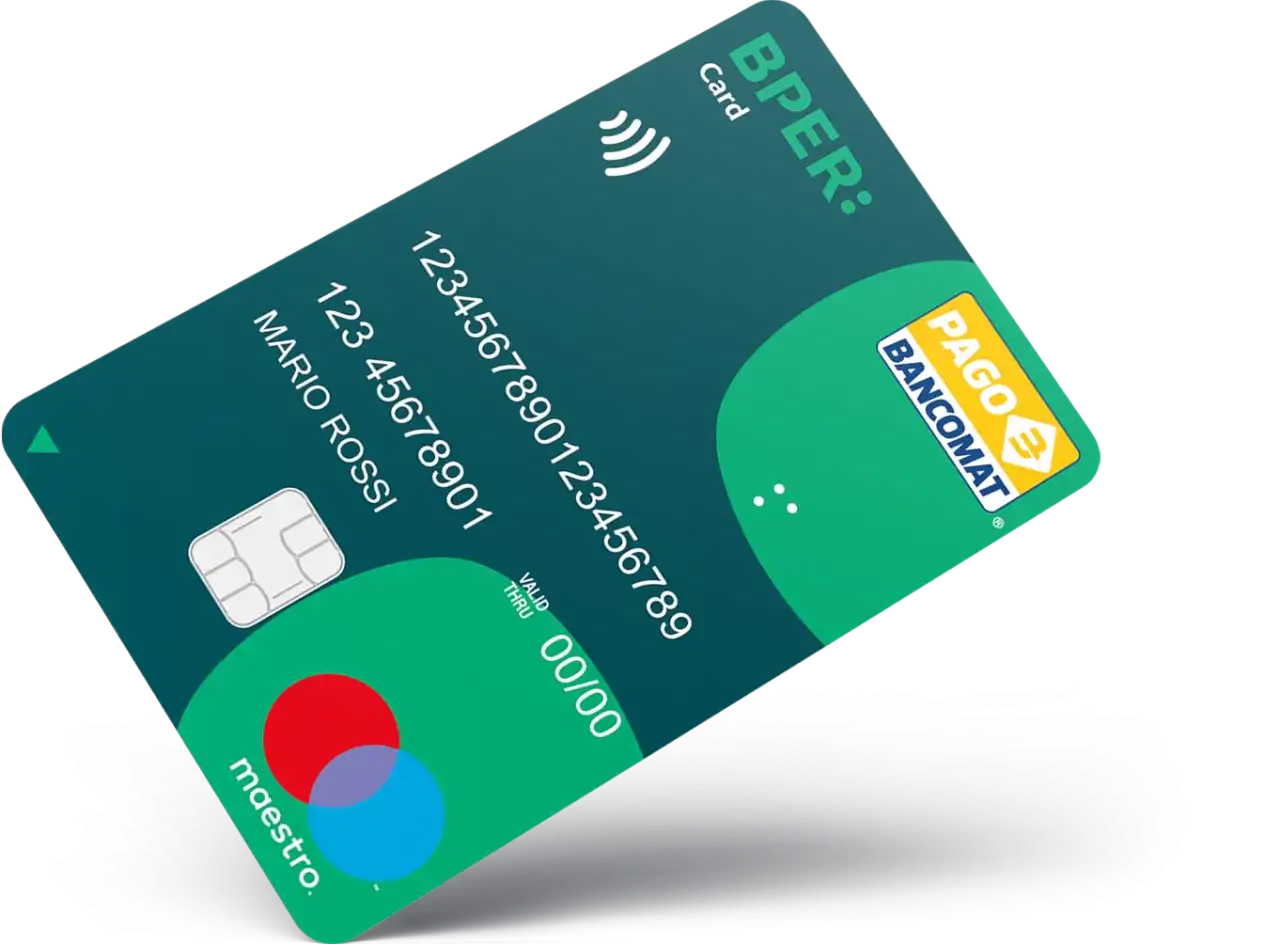 Carta BPER: Maestro con chip, contactless e logo Pago Bancomat. Mario Rossi è il titolare.