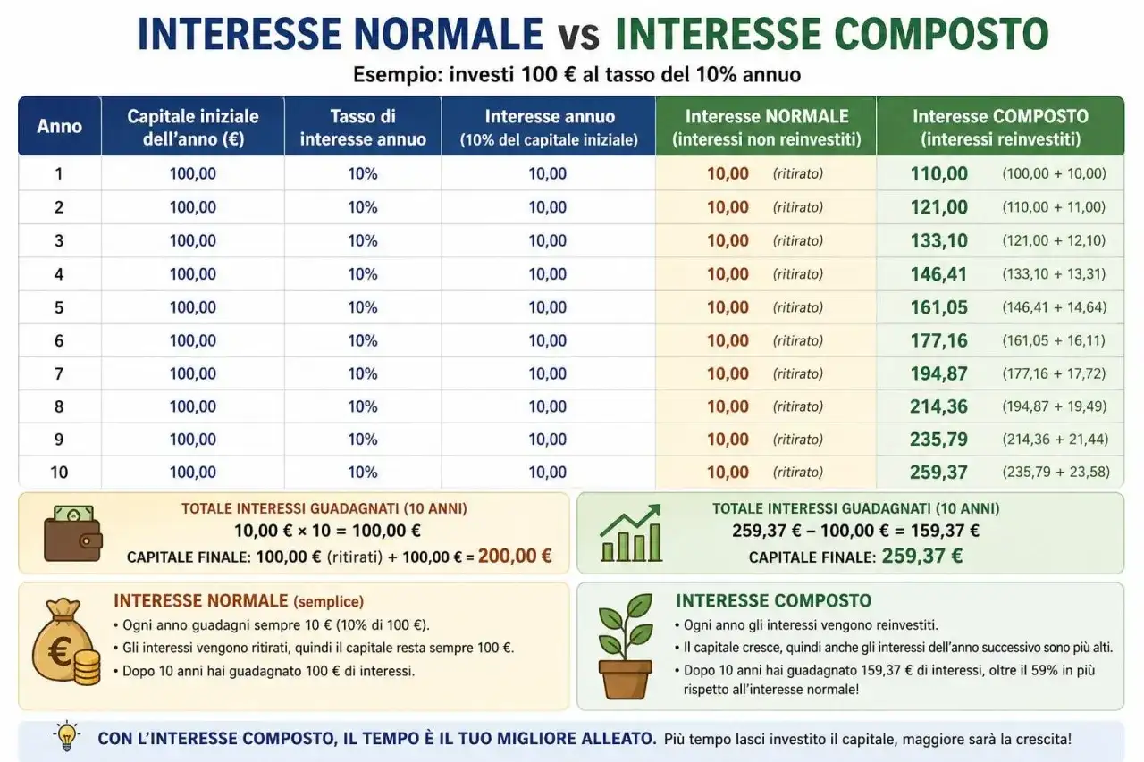 Tabella che confronta interesse normale e interesse composto su un investimento di 100€ per 10 anni al 10% annuo. L'interesse composto mostra una crescita esponenziale.