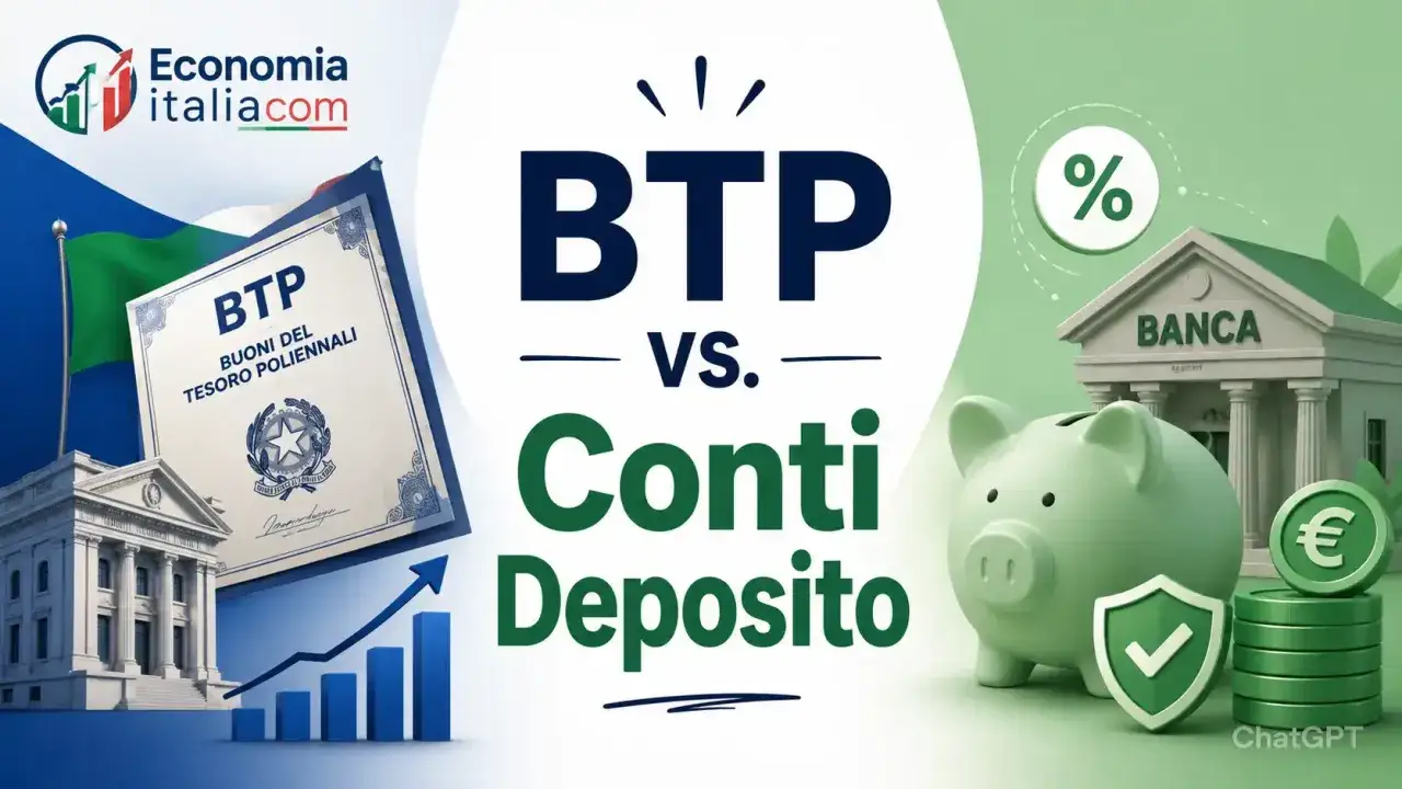 Confronto tra BTP e Conti Deposito per investire a breve termine: un salvadanaio, una banca e un titolo BTP.
