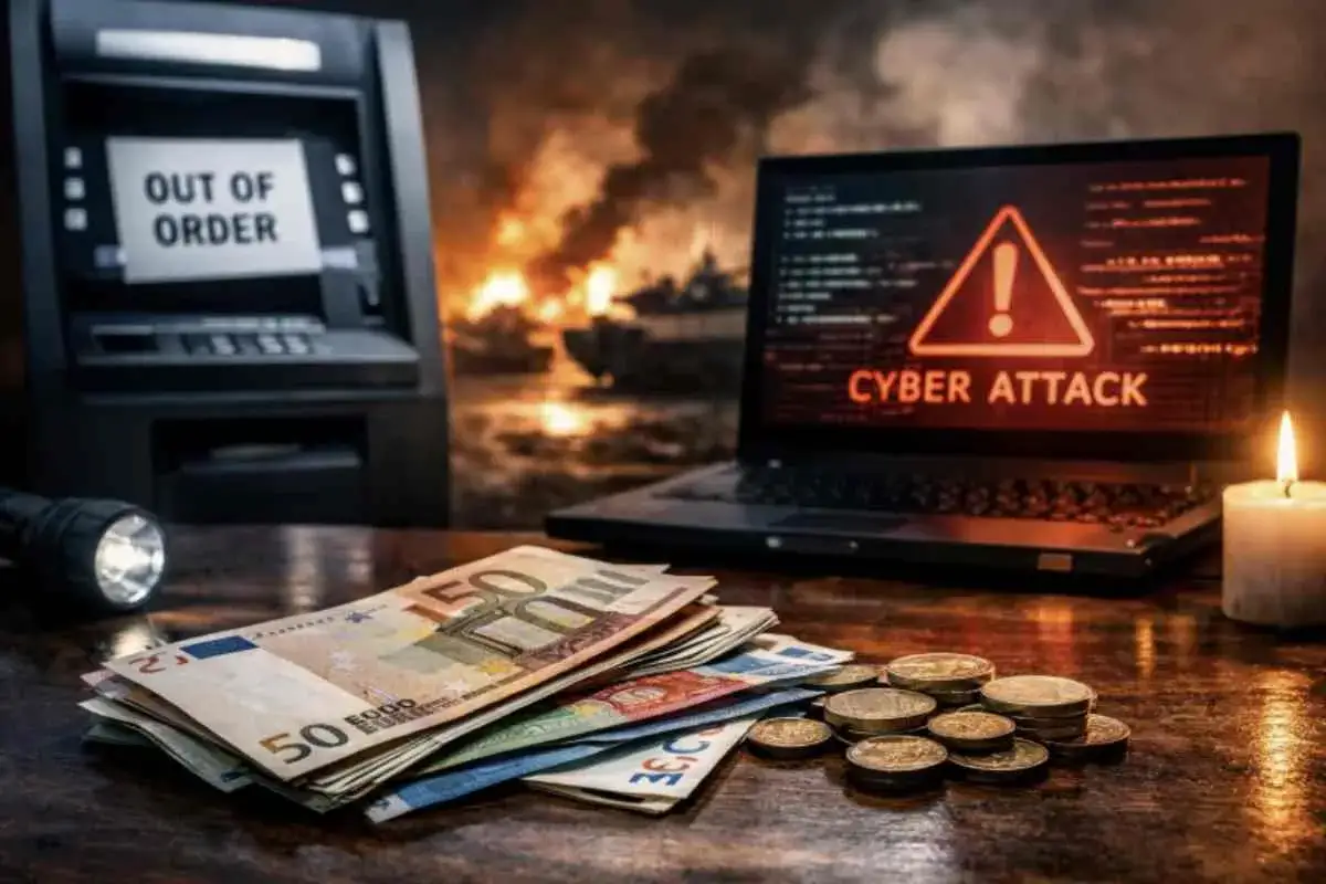 In caso di guerra, i soldi in banca che fine fanno? Un bancomat fuori servizio, un laptop con avviso di cyber attack e banconote in primo piano suggeriscono incertezza.