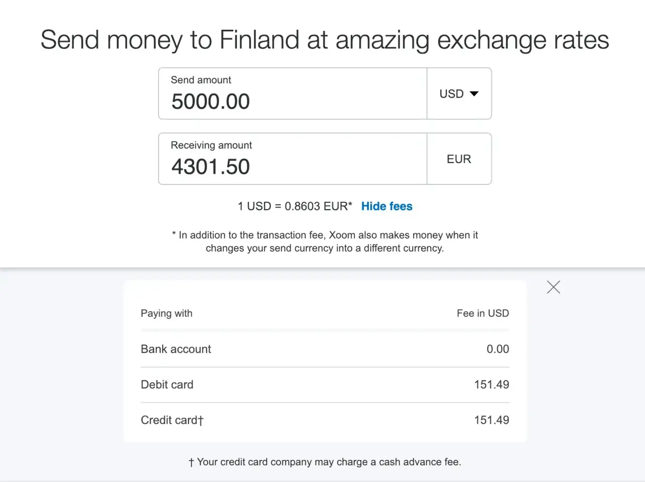 Invio 5000 USD in Finlandia, ricevo 4301.50 EUR. Dettagli per il conto online estero e commissioni.