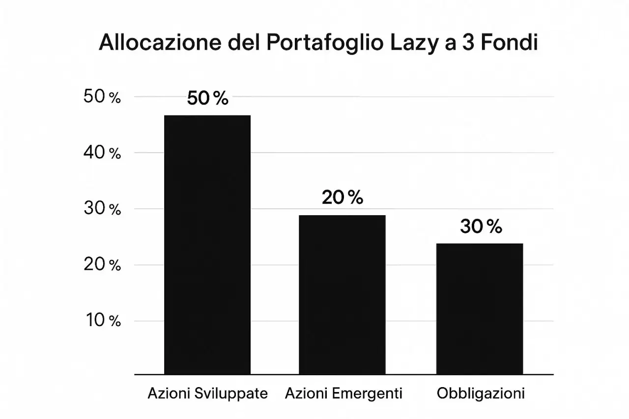 Grafico a barre che mostra l'allocazione di un portafoglio: 50% azioni sviluppate, 20% azioni emergenti, 30% obbligazioni. Un modo per diversificare investimenti.
