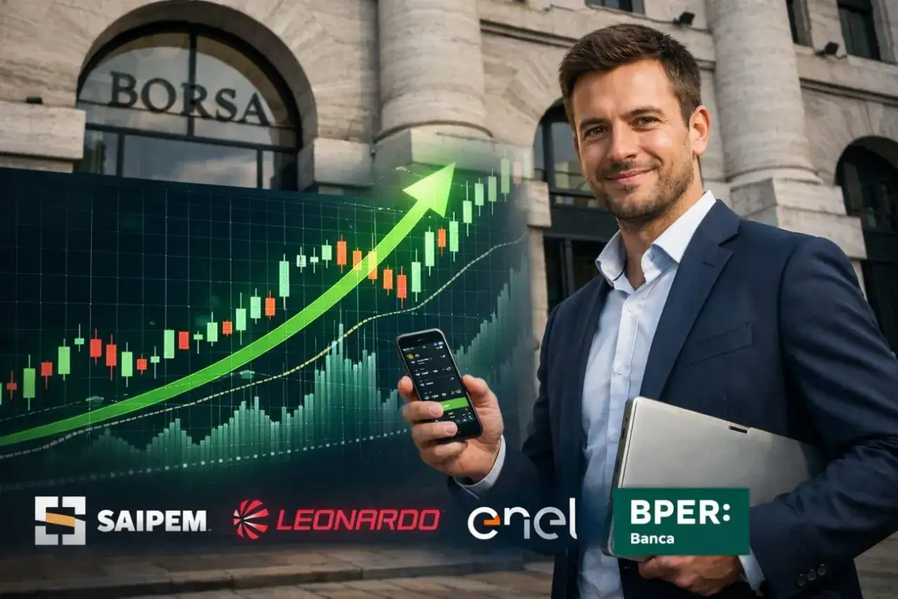 Uomo d'affari sorridente con smartphone e laptop, davanti a un grafico di borsa in crescita. Illustra come funzionano le azioni.
