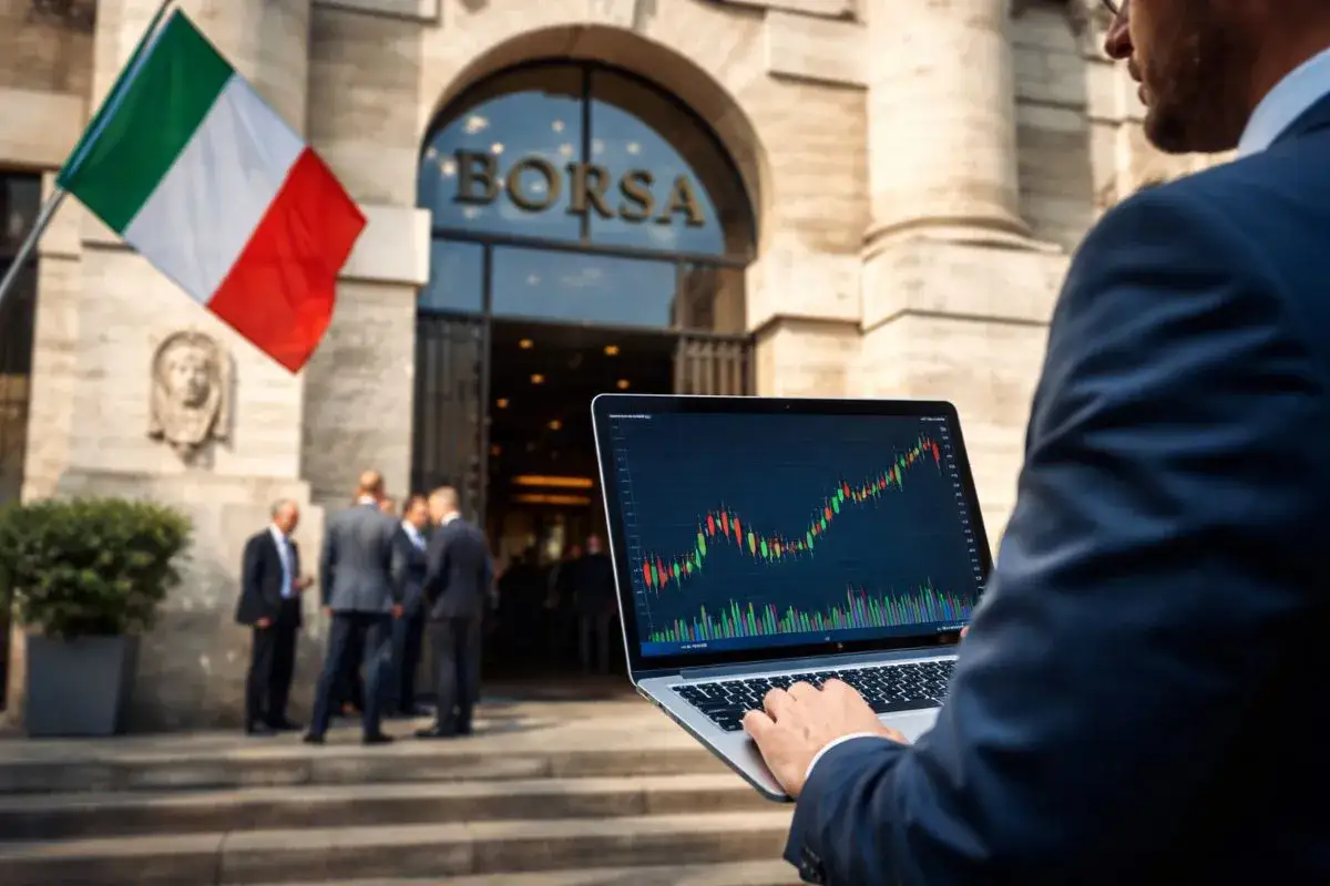 Uomo d'affari analizza grafici sul laptop davanti alla Borsa di Milano, con bandiera italiana.