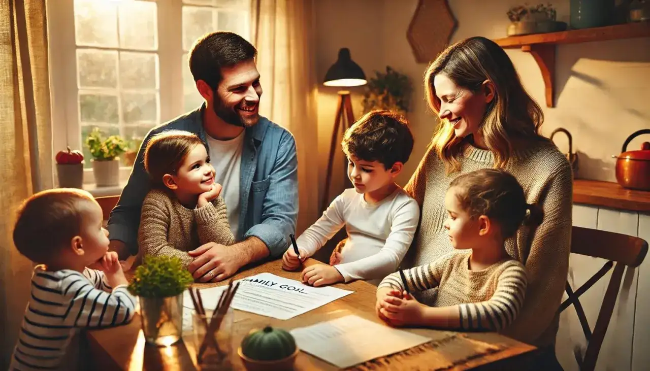 Famiglia riunita a tavola, pianificando il futuro. Un padre sorridente, una madre affettuosa e tre bambini che imparano l'importanza di investire per i figli.