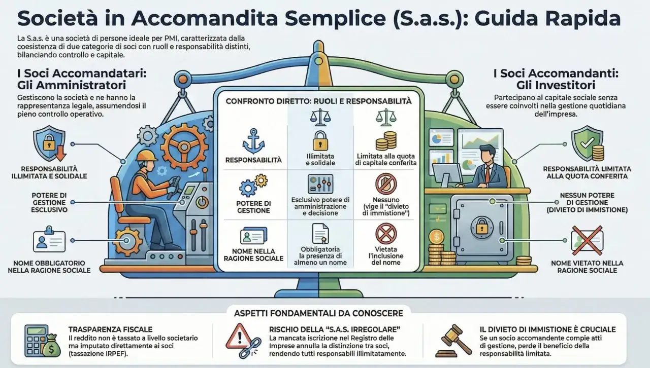 Schema che illustra la S.a.s. (società di persone), con ruoli e responsabilità distinti tra soci amministratori e investitori.
