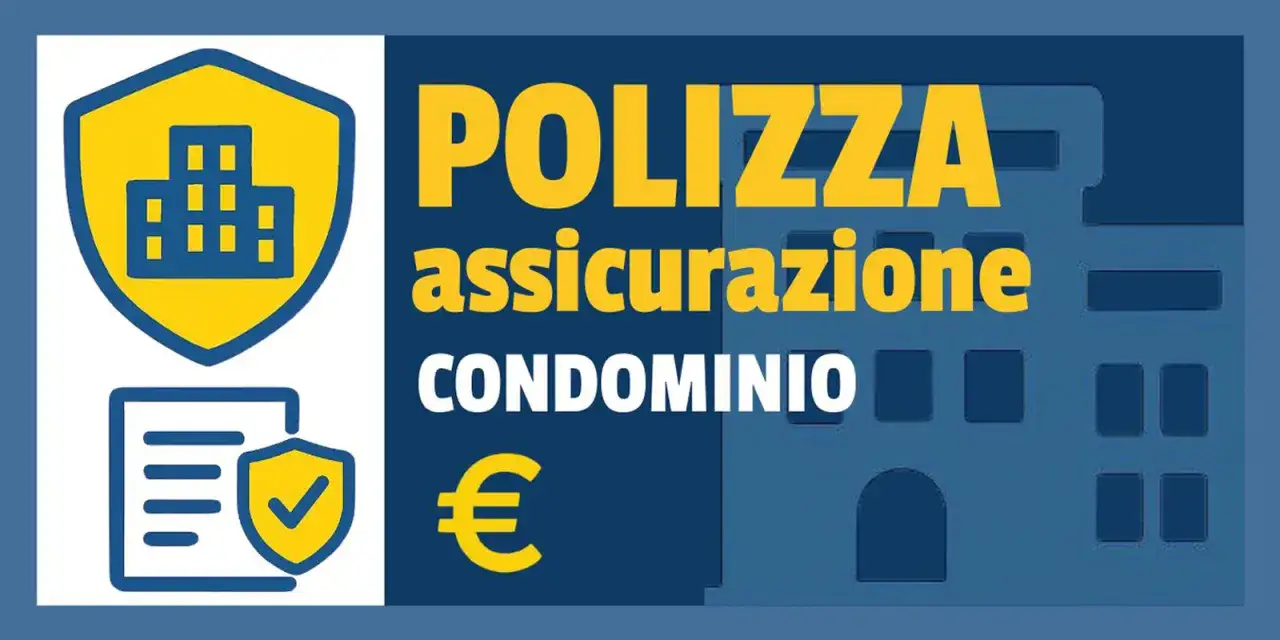 Polizza assicurazione condominio: scopri cosa copre. Icone di un edificio protetto e di un documento con scudo.