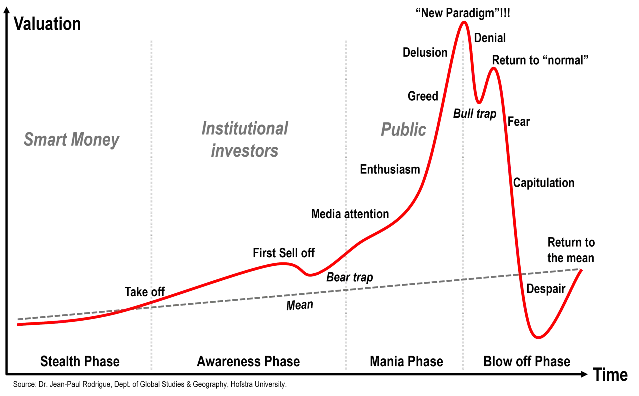 Grafico che illustra le fasi di una bolla finanziaria: dall'ingresso dello