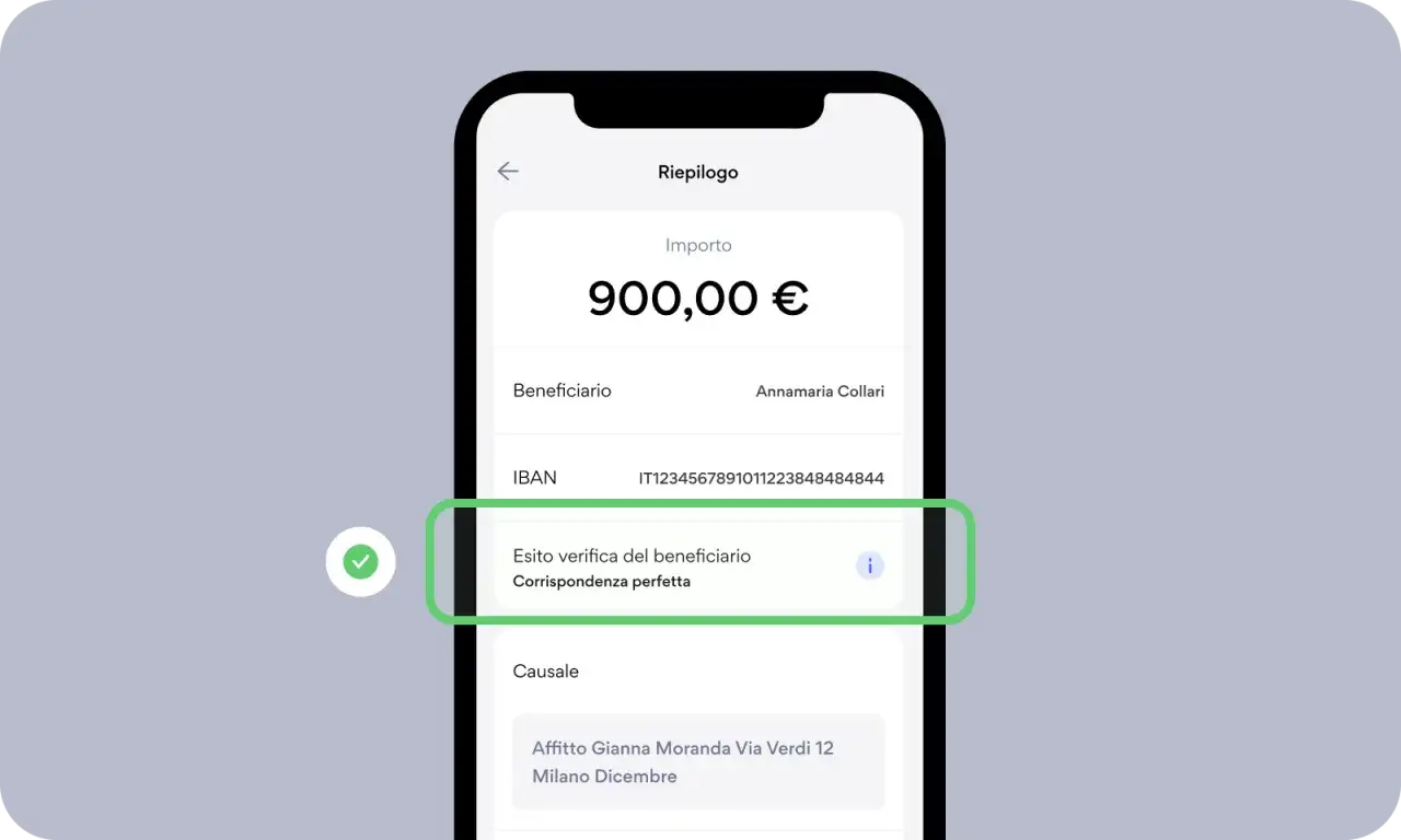 Schermata di riepilogo bonifico: importo 900€, beneficiario Annamaria Collari, IBAN e verifica corrispondenza perfetta.