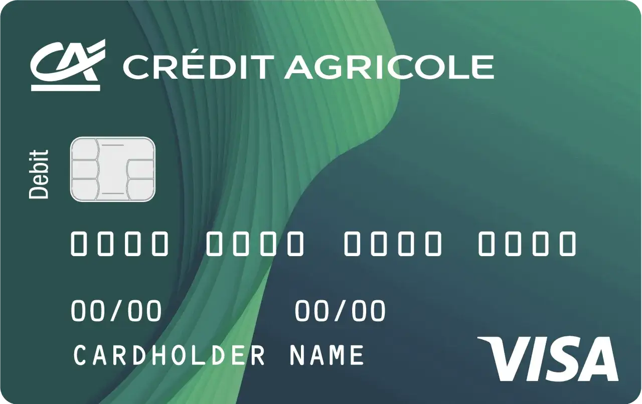 Carta di debito Visa Crédit Agricole con chip e numero di carta stilizzato.