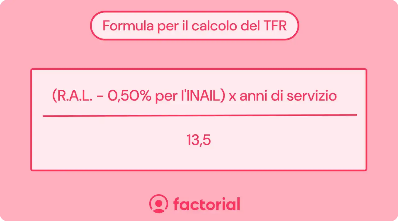 Formula per calcolare il TFR: (RAL - 0,50% per INAIL) x anni di servizio = 13,5.