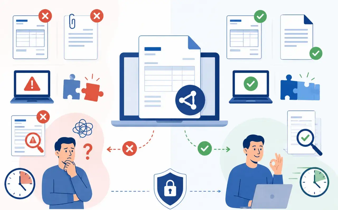 Illustrazione che mostra il processo di rimborso spese in fattura, con documenti, computer e persone che indicano successo o difficolt&agrave;.