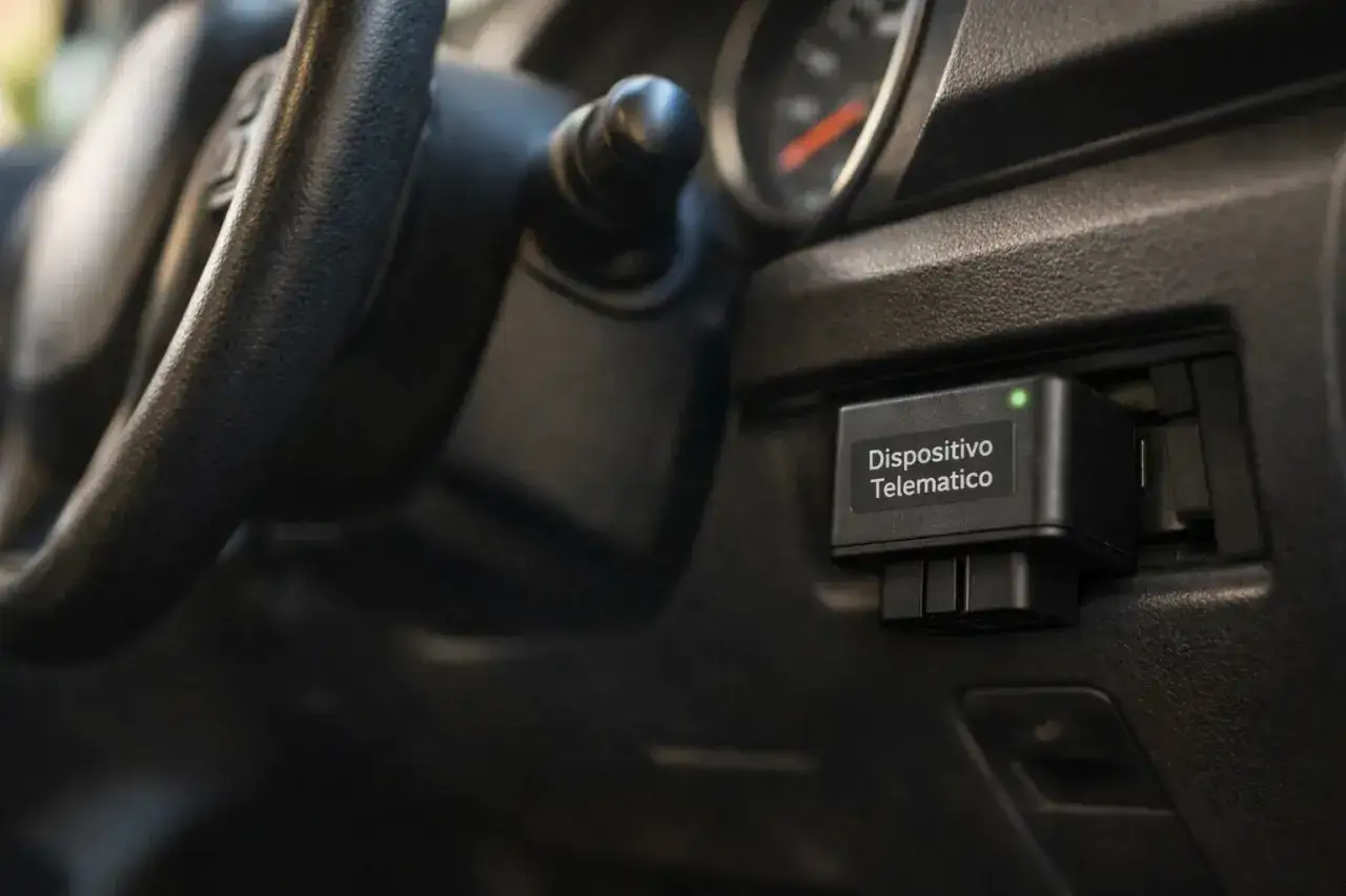 Scatola nera assicurazione collegata al cruscotto dell'auto, con indicatore verde acceso.