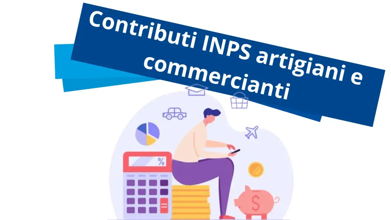 Illustrazione con calcolatrice, salvadanaio e persona che usa il telefono, tema: contributi INPS partita IVA per artigiani e commercianti.