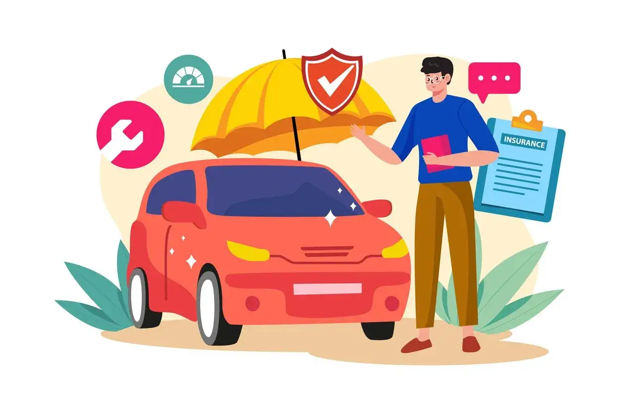 Un uomo mostra un'auto rossa protetta da un ombrello giallo con uno scudo. Simboli di riparazione, velocità e assicurazione completano l'illustrazione su cosa assicurare auto.