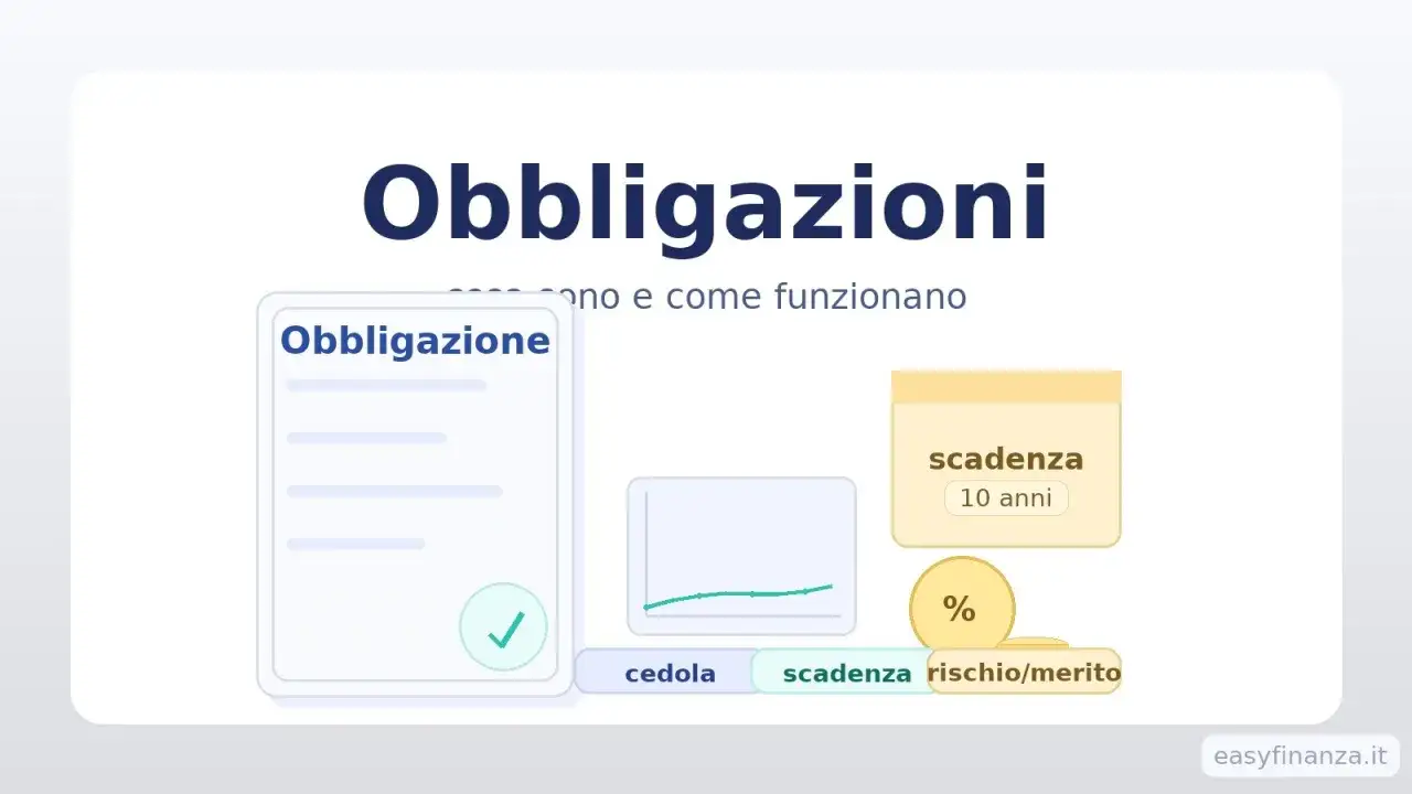 Illustrazione che spiega come funzionano le obbligazioni: scadenza, cedola, rischio/merito e un grafico.
