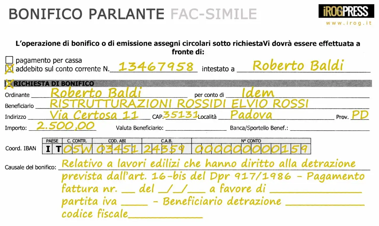 Bonifico parlante per lavori edilizi: Roberto Baldi paga 2.500€ a RISTRUTTURAZIONI ROSSIDI ELVIO ROSSI.
