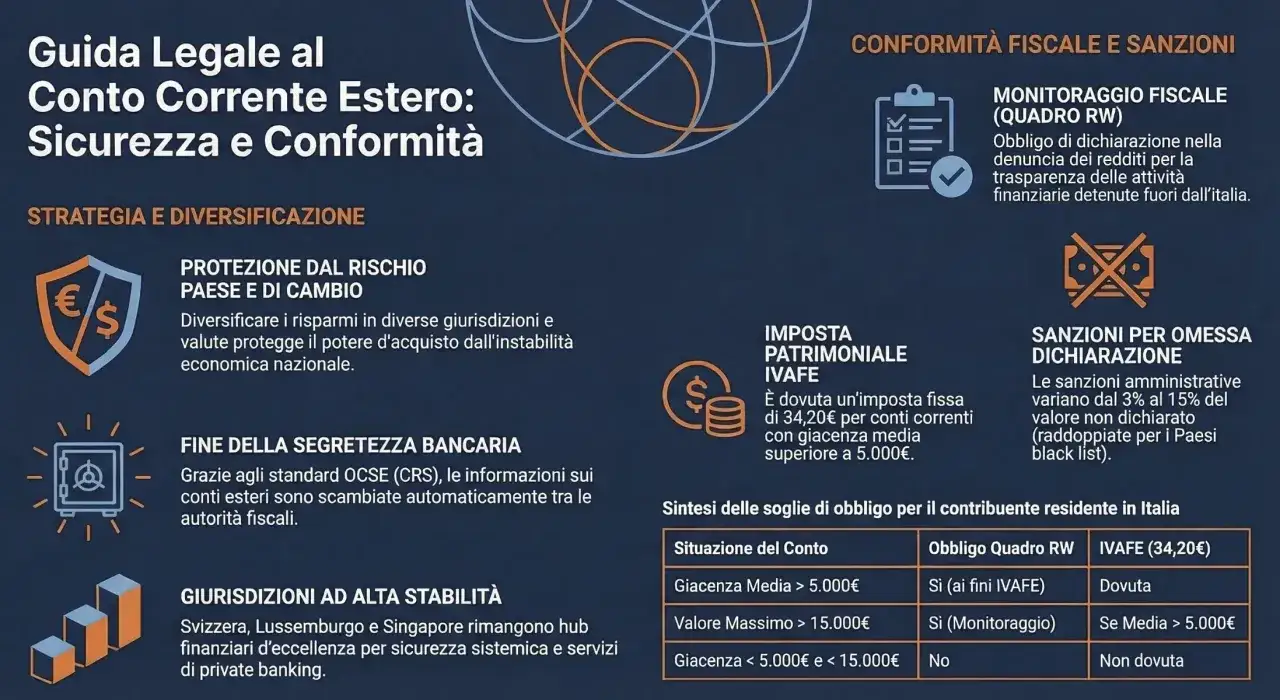 Guida legale per conto corrente estero, con focus su Svizzera, sicurezza e conformità fiscale.