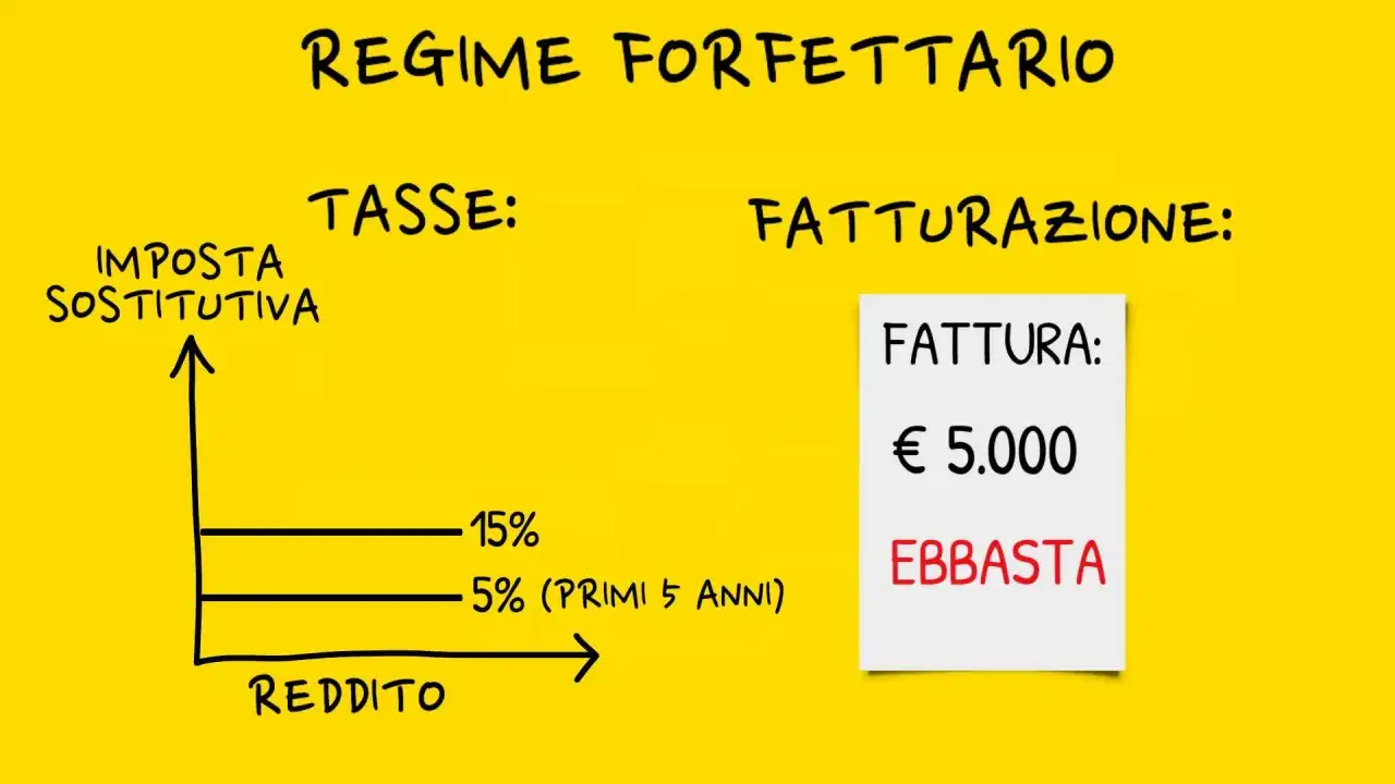 Regime forfettario: tasse al 15% o 5% per i primi 5 anni, fattura di 5.000€. Costi di gestione minimi.