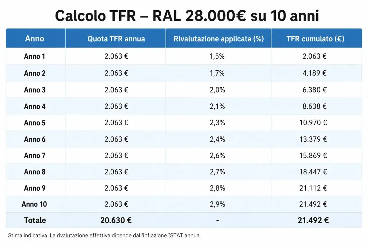 Tabella mostra il calcolo del TFR su 10 anni con RAL 28.000€. Ogni anno si accumula una quota, rivalutata annualmente, per un totale di 21.492€ di liquidazione tfr.