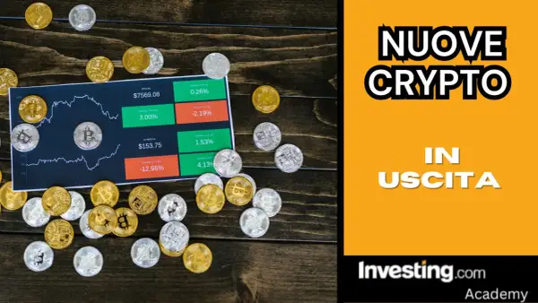 Un elenco di criptovalute con grafici e monete Bitcoin. Nuove crypto in uscita.