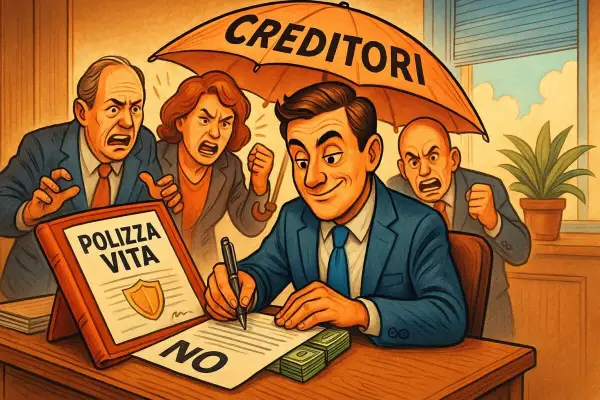 Un uomo firma una polizza vita, protetto da un ombrello "CREDITORI". Altri sono furiosi. Scopri quali sono le polizze vita impignorabili e insequestrabili.