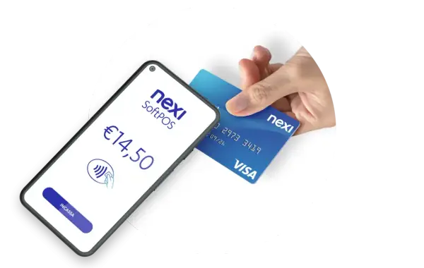 Pagamento contactless con Nexi SoftPOS: una mano avvicina una carta Visa a uno smartphone con importo €14,50 visualizzato.