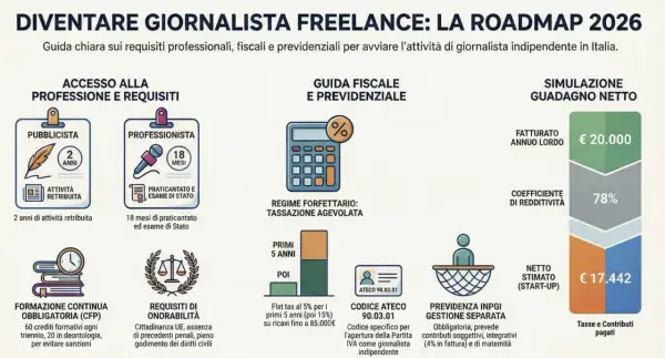Guida per diventare giornalista freelance: requisiti, regime forfettario, gestione separata assicurazioni e simulazione guadagno netto.