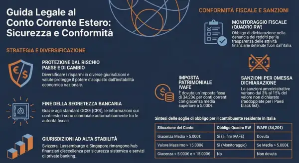Guida legale al conto corrente estero: sicurezza, conformità fiscale, IVAFE e sanzioni per omessa dichiarazione.