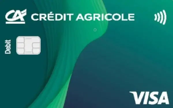 Carta di debito Visa Crédit Agricole con chip e simbolo contactless.