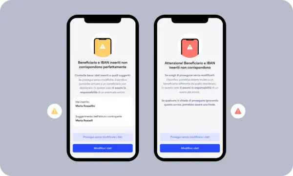 Schermate di un'app bancaria che avvisano di discrepanze tra beneficiario e IBAN. L'utente deve decidere se proseguire o modificare i dati per il bonifico.