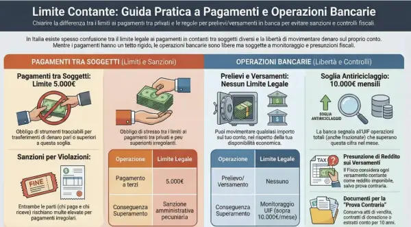 Guida ai pagamenti: limite 5.000€ per contanti tra privati. Operazioni bancarie libere, ma attenzione alla soglia antiriciclaggio di 10.000€ mensili.