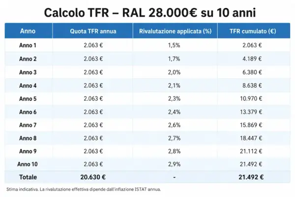 Tabella che illustra il calcolo del TFR su 10 anni con RAL 28.000€, mostrando la quota annua, la rivalutazione e il TFR cumulato.