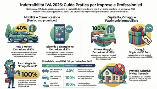 Guida IVA 2026: auto 40%, telefonia 50%, vitto/alloggio 100%. Omaggi sotto 50€ detraibili. Spese di rappresentanza con limiti.