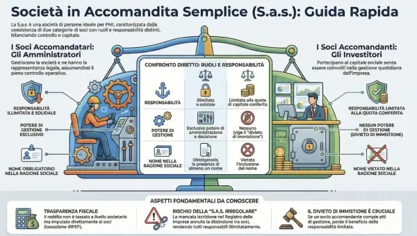 Schema che illustra la S.a.s. (società di persone) con ruoli e responsabilità distinti tra soci amministratori e investitori.