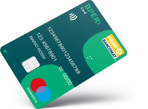 Carta BPER: Maestro con chip, contactless e logo Pago Bancomat. Mario Rossi è il titolare.