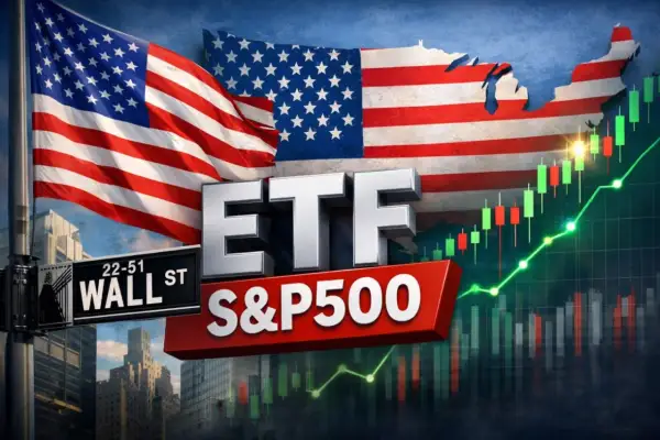 ETF S&P500, bandiera USA, Wall Street e grafici indici americani borsa in crescita.