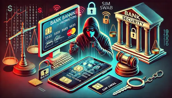 Illustrazione di un hacker che ruba dati bancari, con simboli di giustizia e sicurezza. Guida su come recuperare soldi truffati con bonifico.