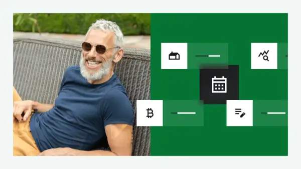 Uomo sorridente con occhiali da sole, accanto a icone che suggeriscono investire a breve termine: casa, Bitcoin, calendario, grafico.