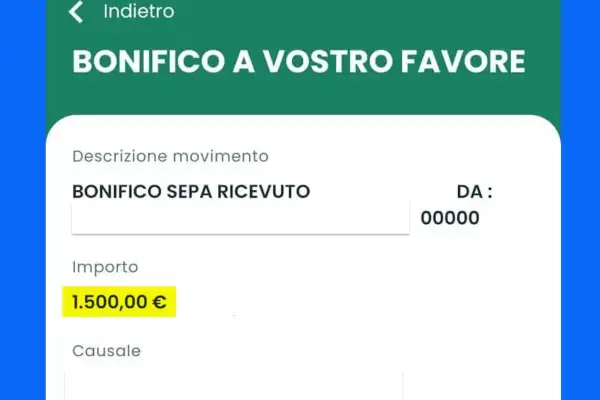 Dettagli di un bonifico SEPA ricevuto di 1.500€. Utile per capire come si scrive correttamente il codice IBAN.