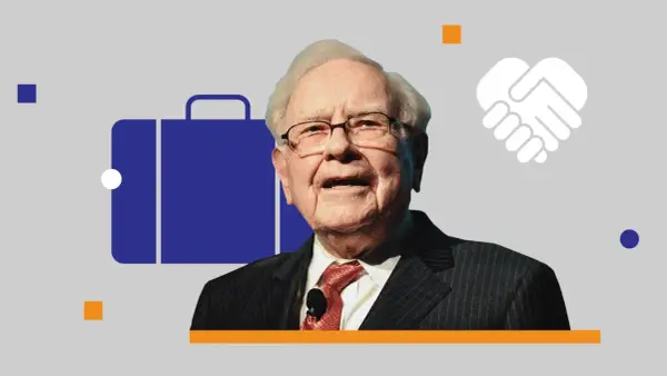 Warren Buffett, icona di investimenti, illustra il metodo Warren Buffett con simboli di valigetta e stretta di mano.